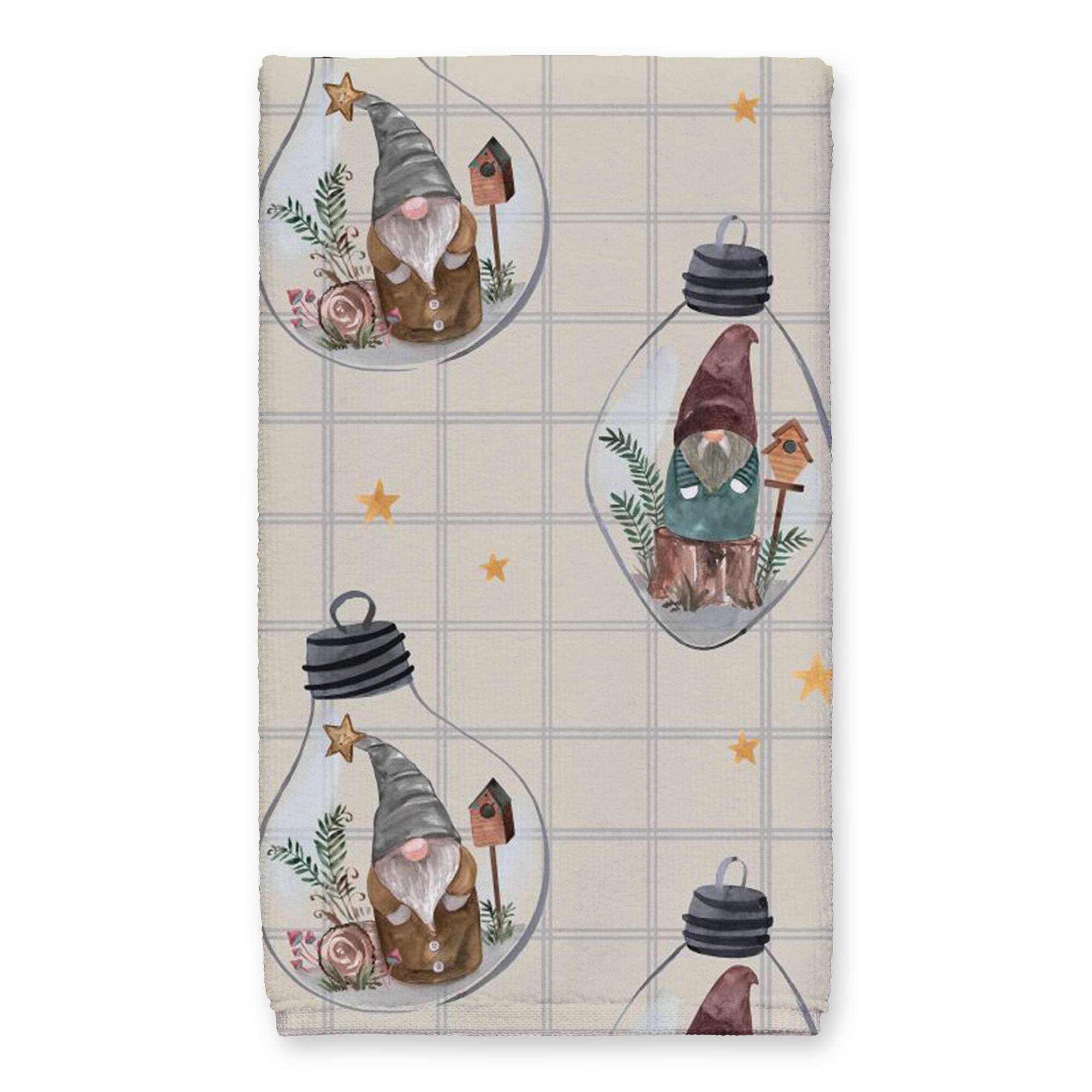 Welcome to our Cabin Cream and Check Gnome Globe Pattern Tea Towel
